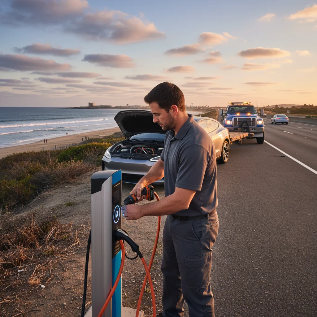 An EV stopped on a highway shoulder as a mobile charging truck pulls up behind it