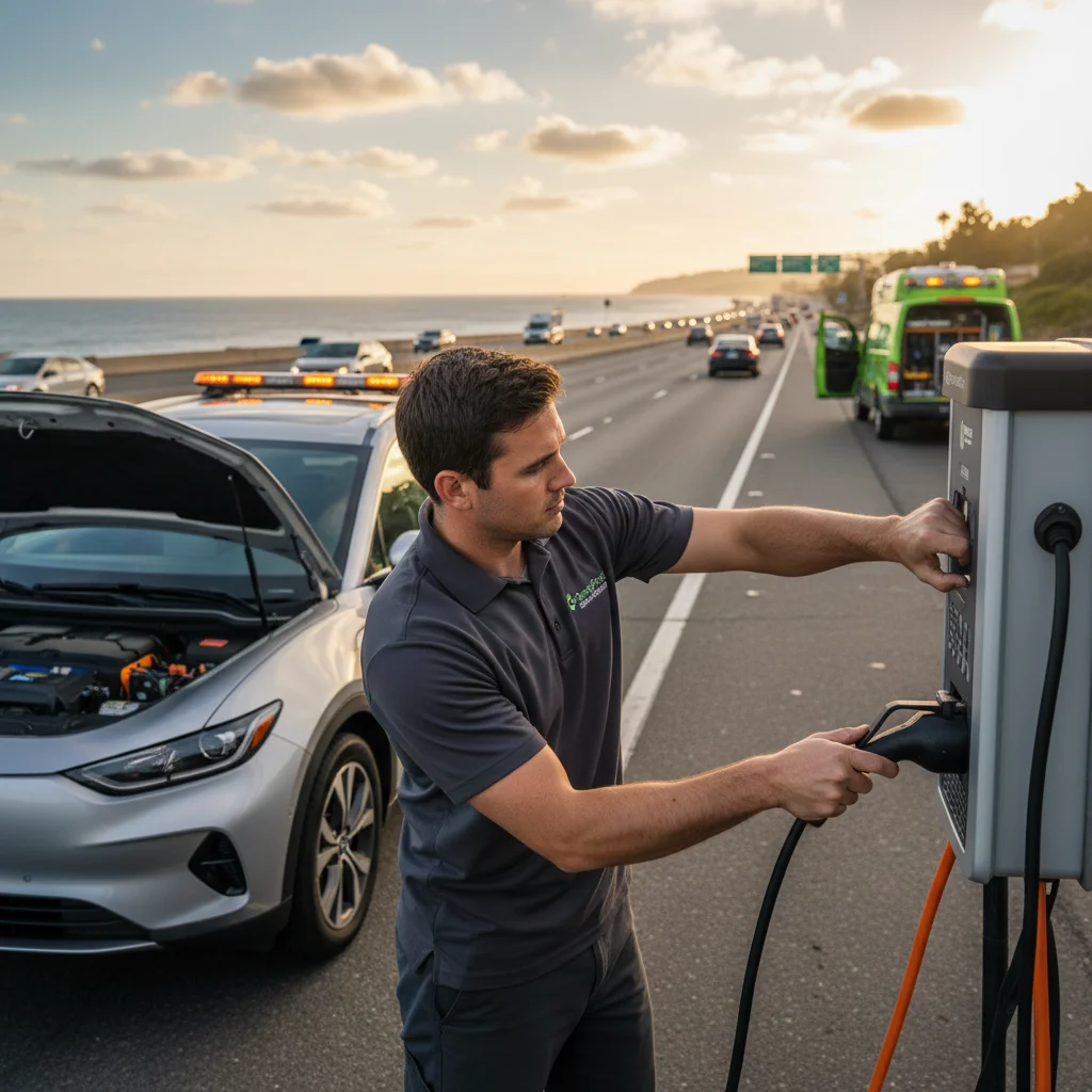 A portable charging cable being connected to an EV parked on the roadside