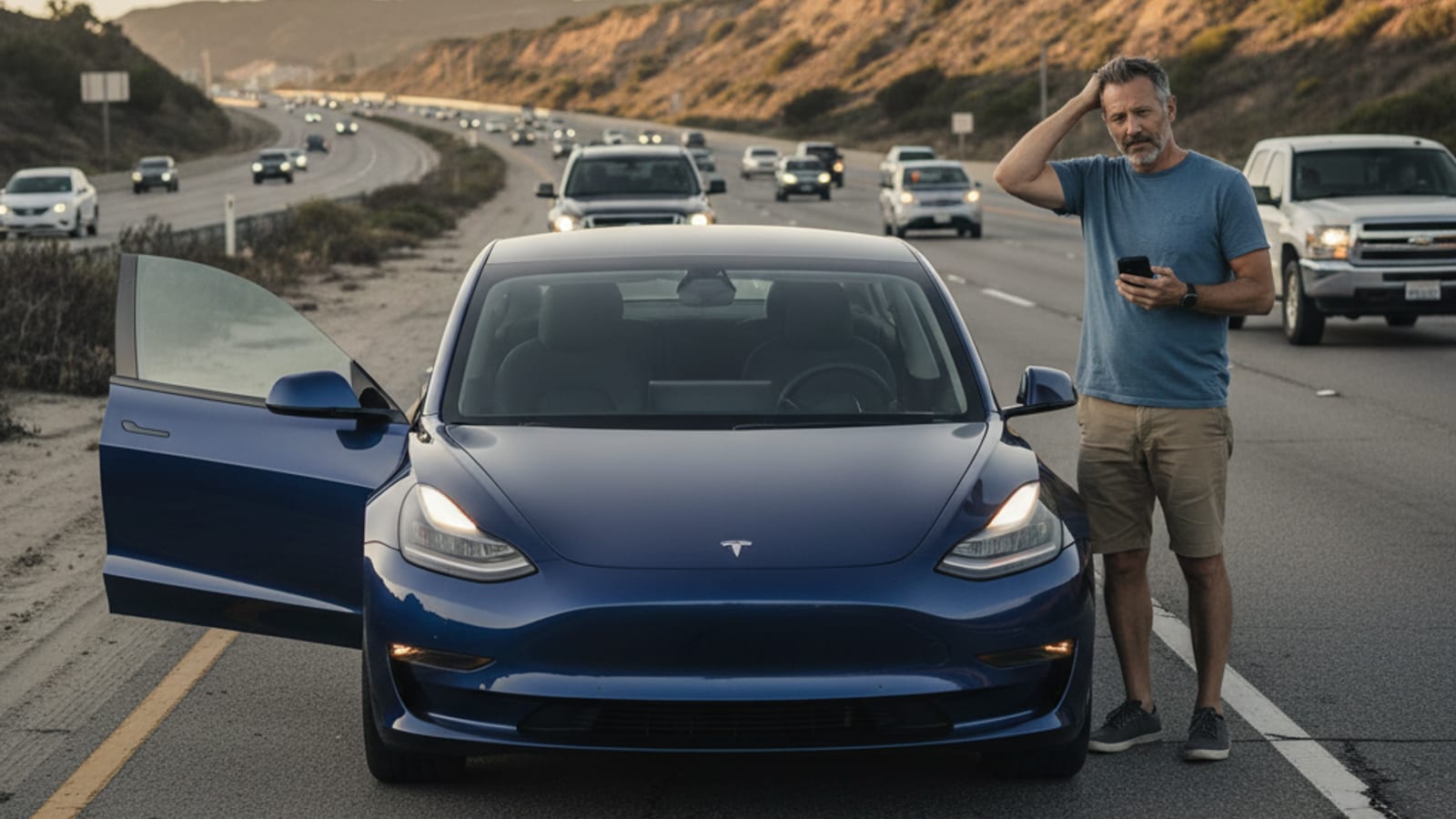 An electric SUV stopped on the right shoulder of a Florida expressway with hazards on.