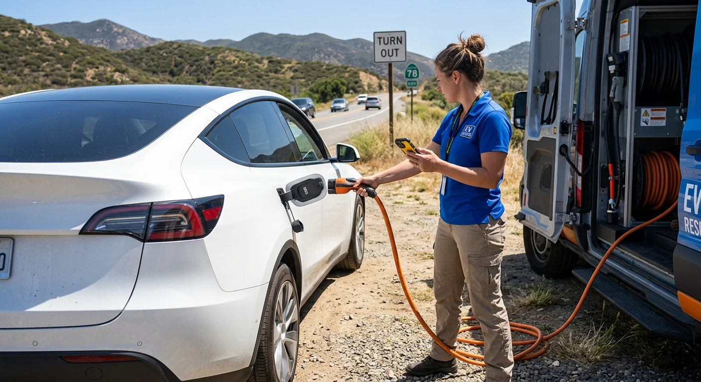 An electric vehicle parked on a paved shoulder while a driver stands nearby with a phone