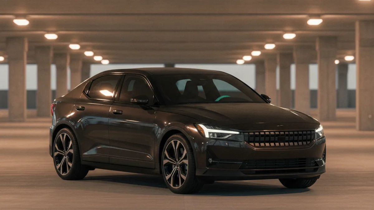 A Polestar 2 parked in a garage with a dark dashboard, illustrating a dead 12V battery.