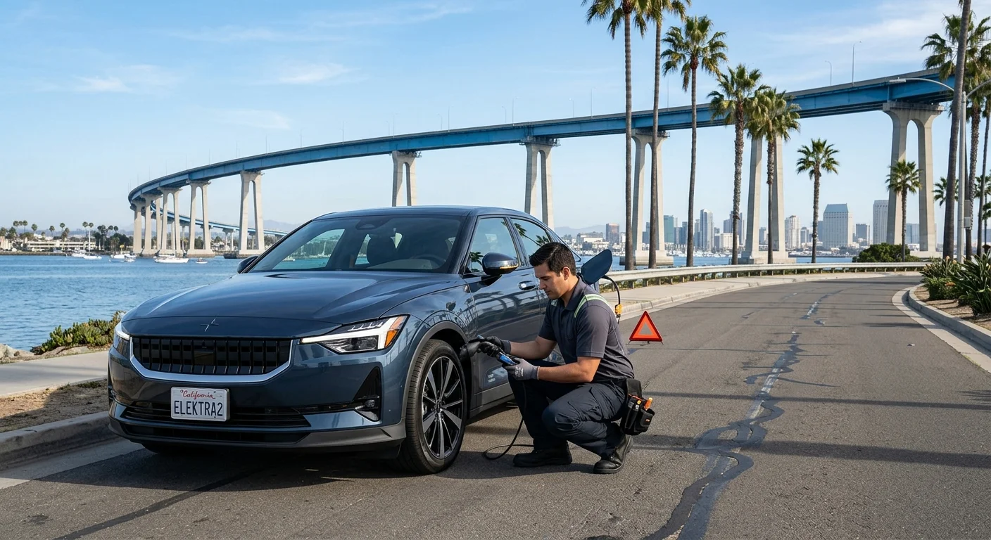 A Polestar 2 parked at the curb with a flatbed tow truck approaching from behind.