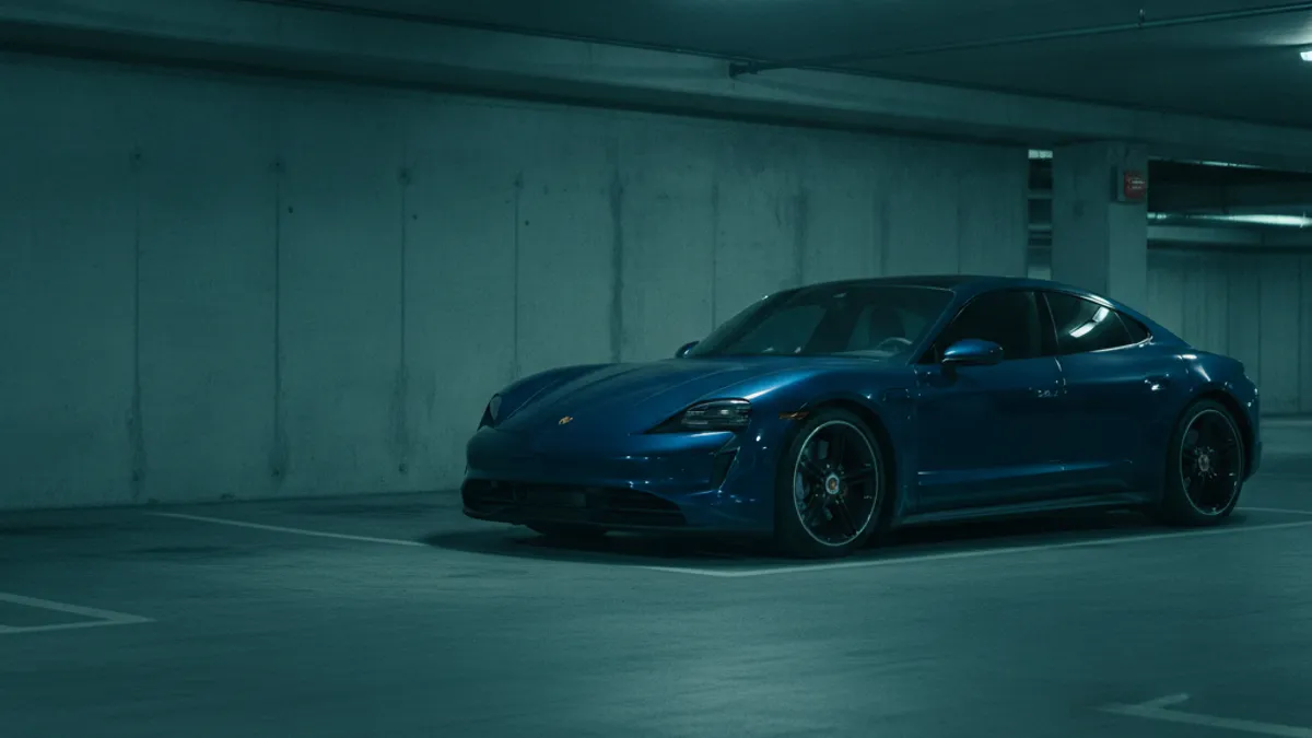 A Porsche Taycan parked in a tower garage with a dark dashboard, illustrating a dead 12V battery.