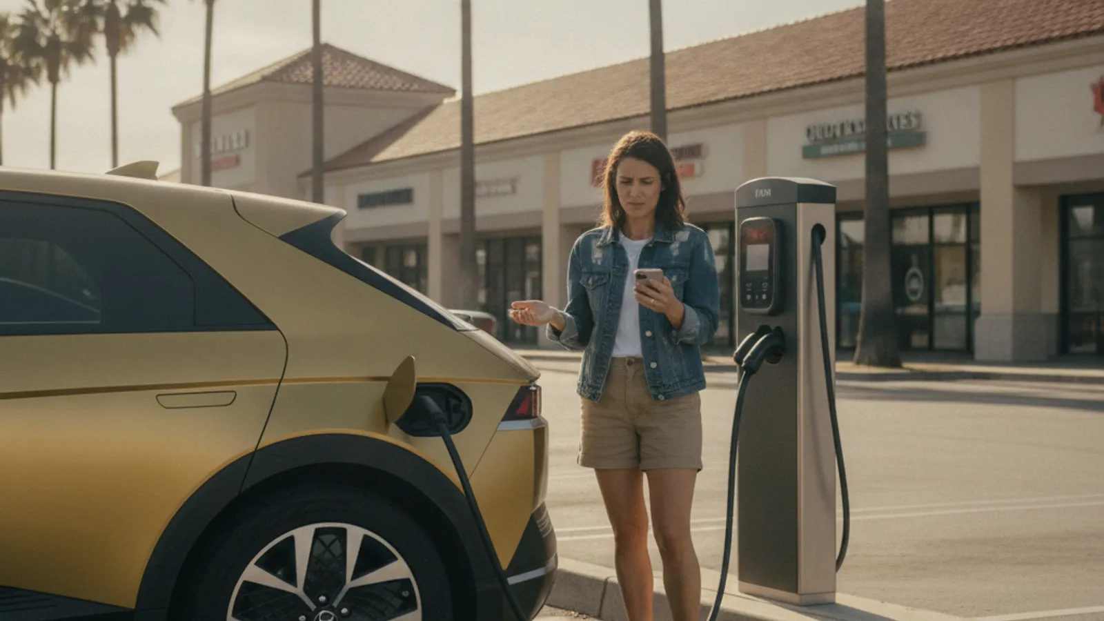 Driver standing beside a public charging kiosk with an error light in a parking lot