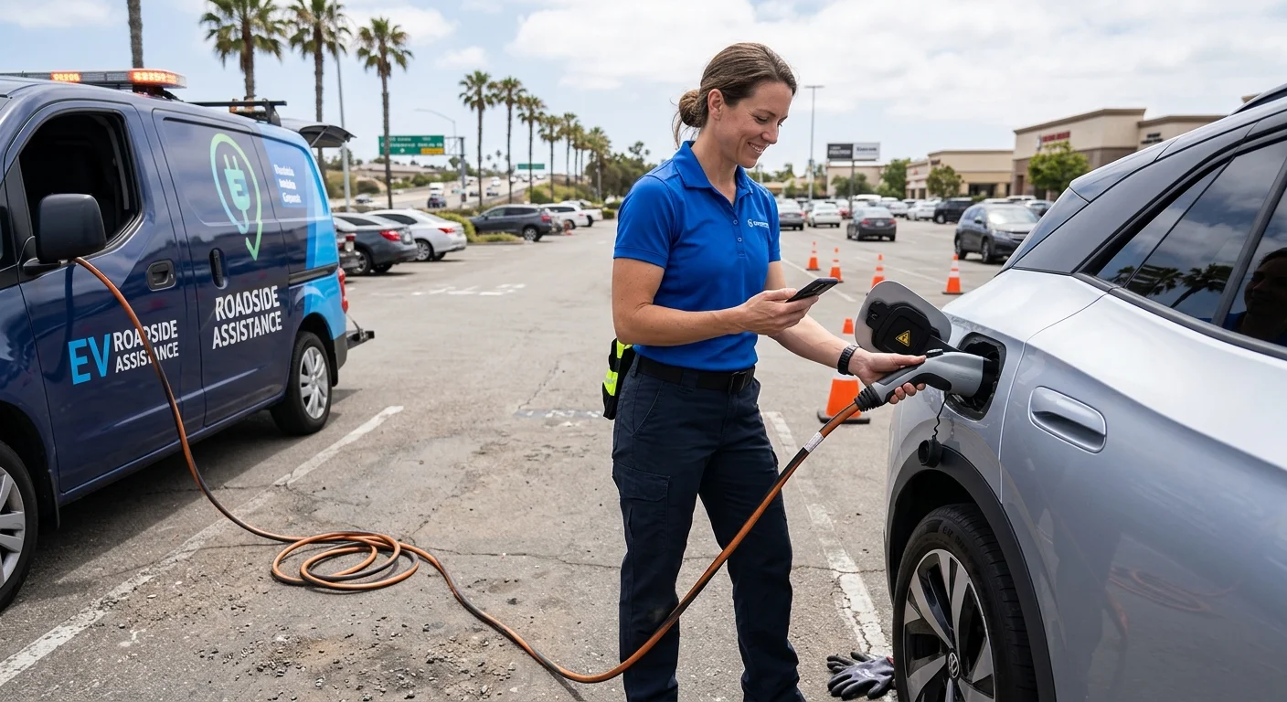 An EV driver comparing a phone charging map with a mobile rescue truck at the curb