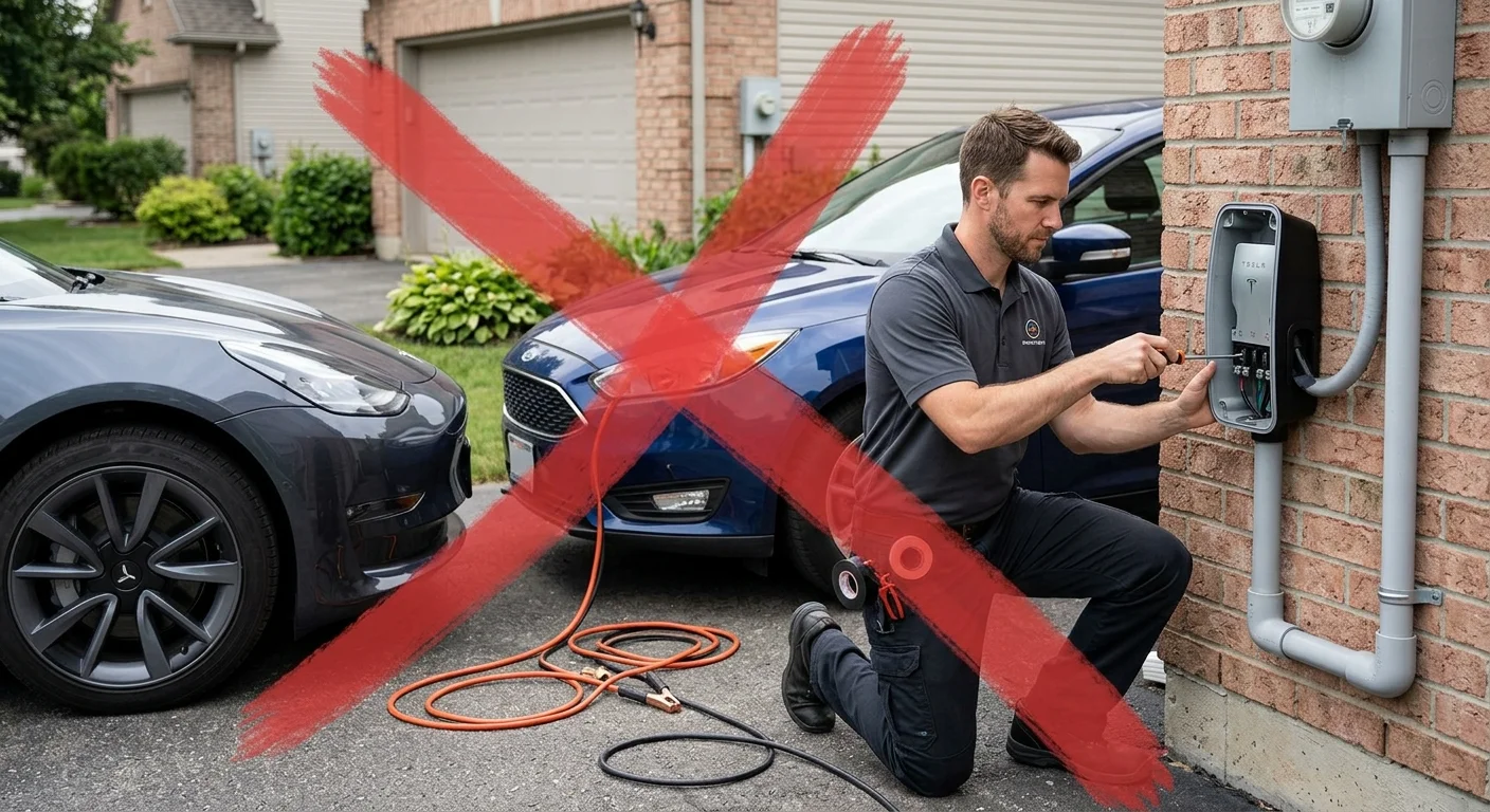 A Tesla driver stands next to an open frunk looking at jumper cables with a gas car in the background.