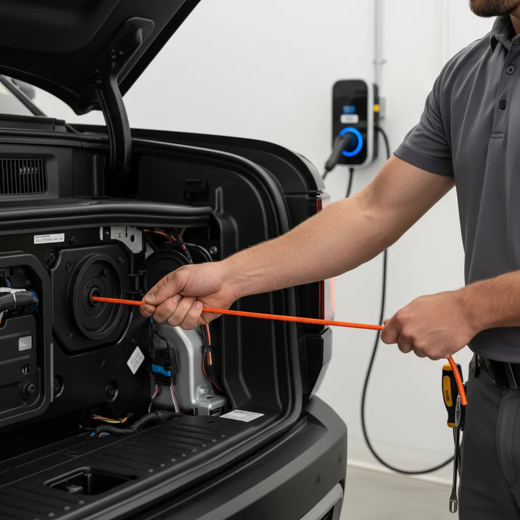 A Rivian R1T parked at a charger with the manual charge port release panel open behind the rear wheel.