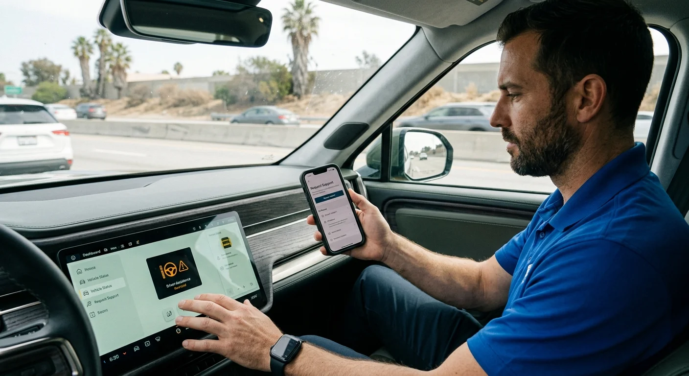 A Rivian R1T on a South Florida highway with the dashboard showing the Highway Assist driver aid display.