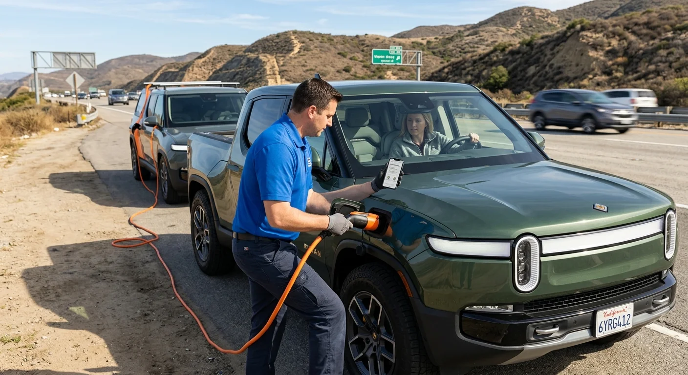 A Rivian R1T parked at a charger with the roadside assistance phone number displayed on the dashboard.
