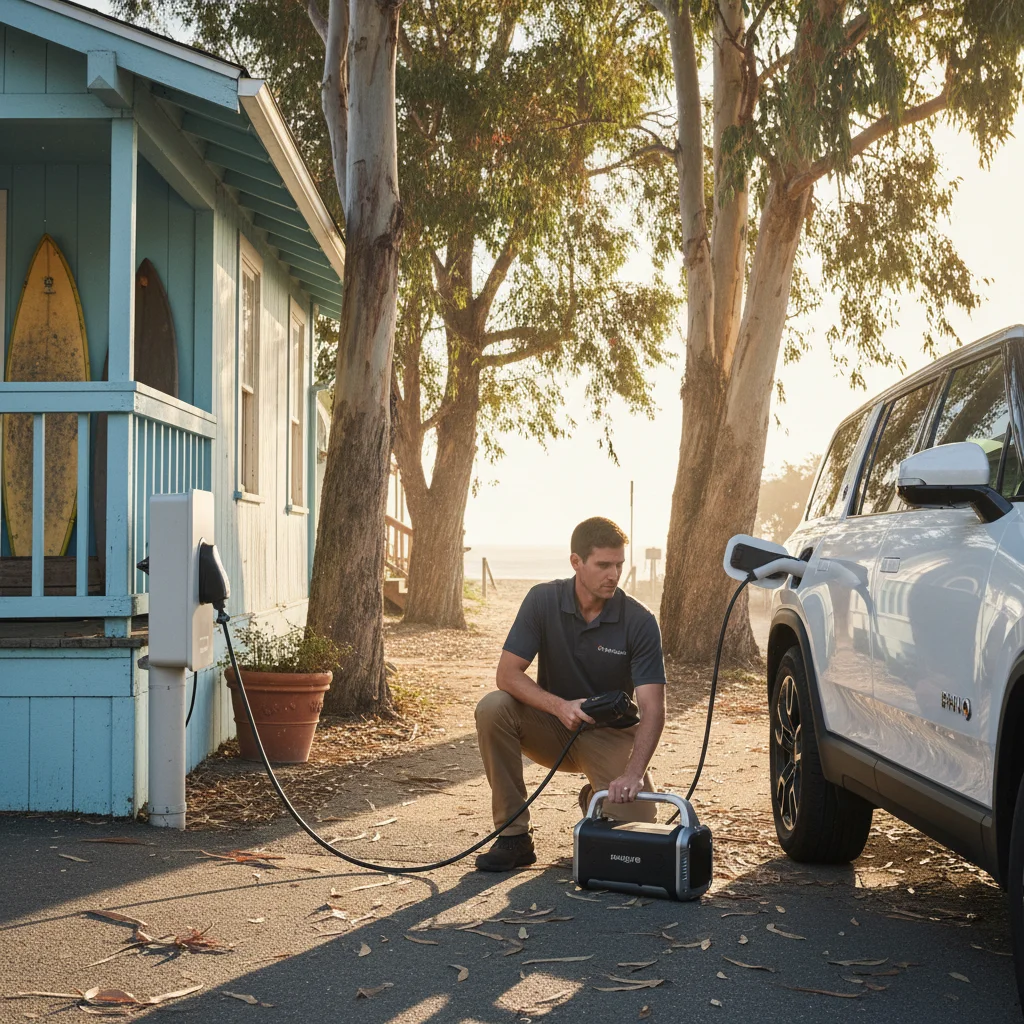 Person connecting a mobile charging cable to an electric SUV beside a paved road
