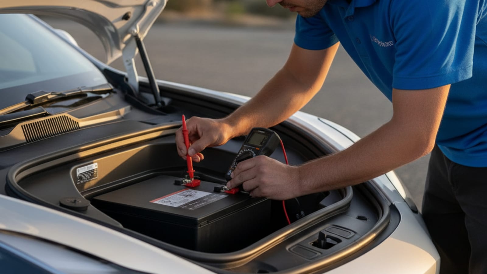 Parked electric car at dusk with a closed hood and jumper cables on the pavement