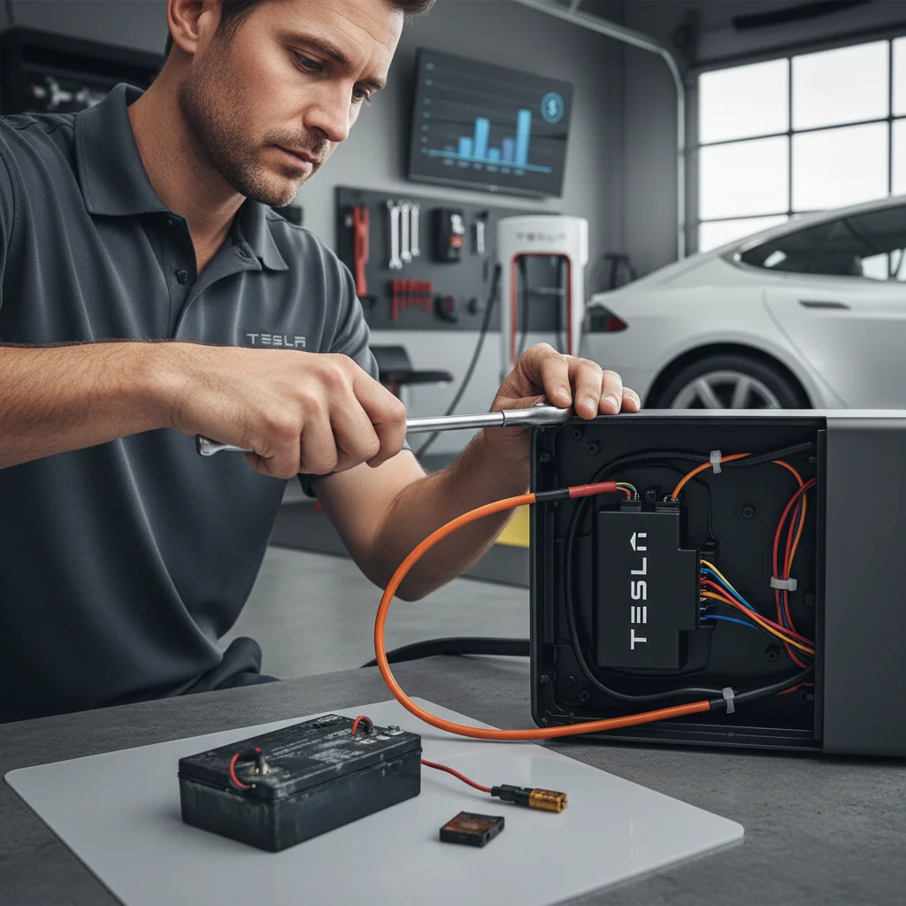 Jump pack clipped to 12-volt terminals under an EV hood