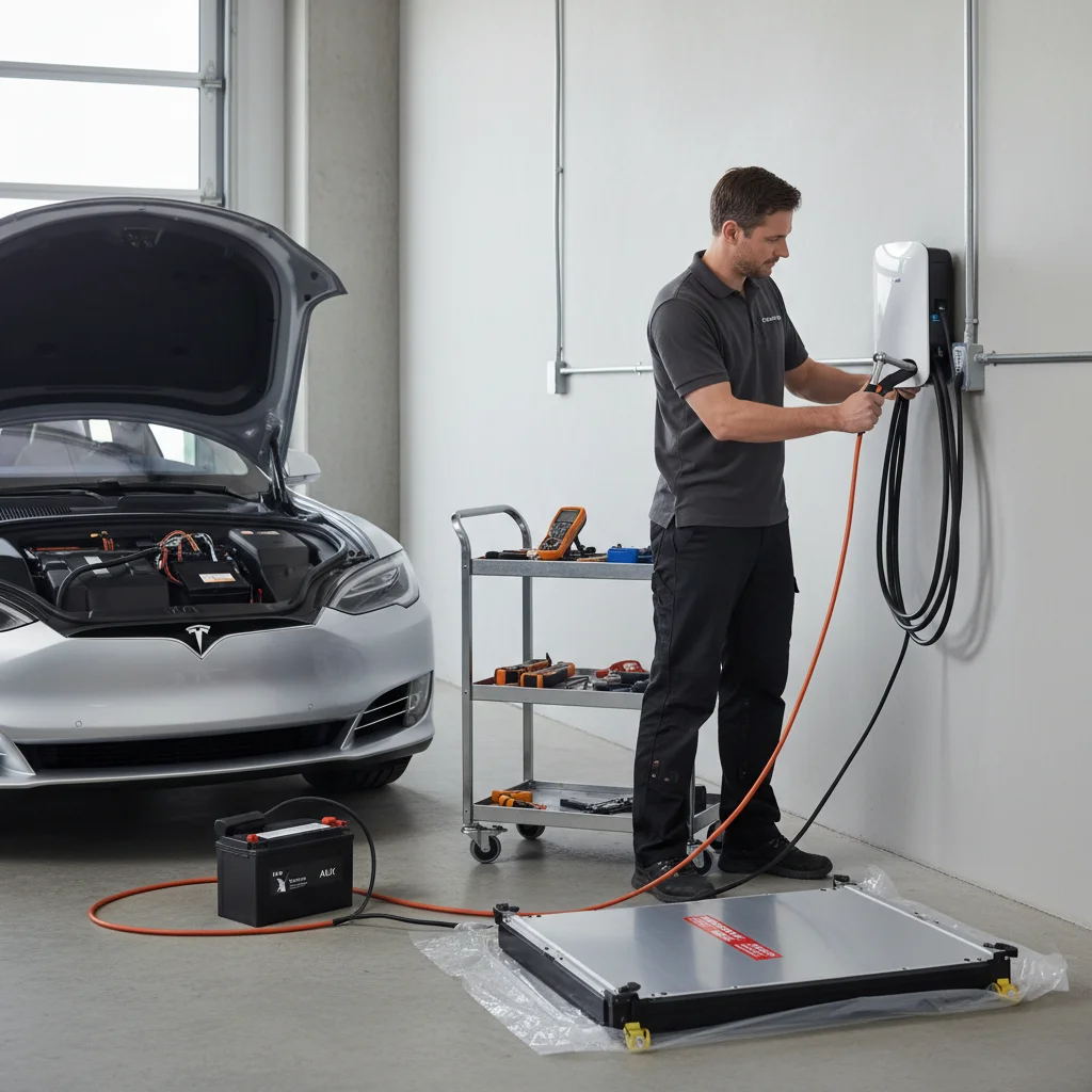 A Tesla Model 3 parked at an airport with a dark dashboard, illustrating a dead 12V battery.