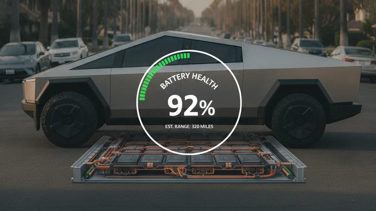 A Tesla parked on a paved shoulder while a driver checks the battery readout on the center screen.