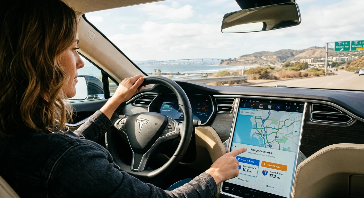 A driver checks remaining charge on a Tesla display from the roadside