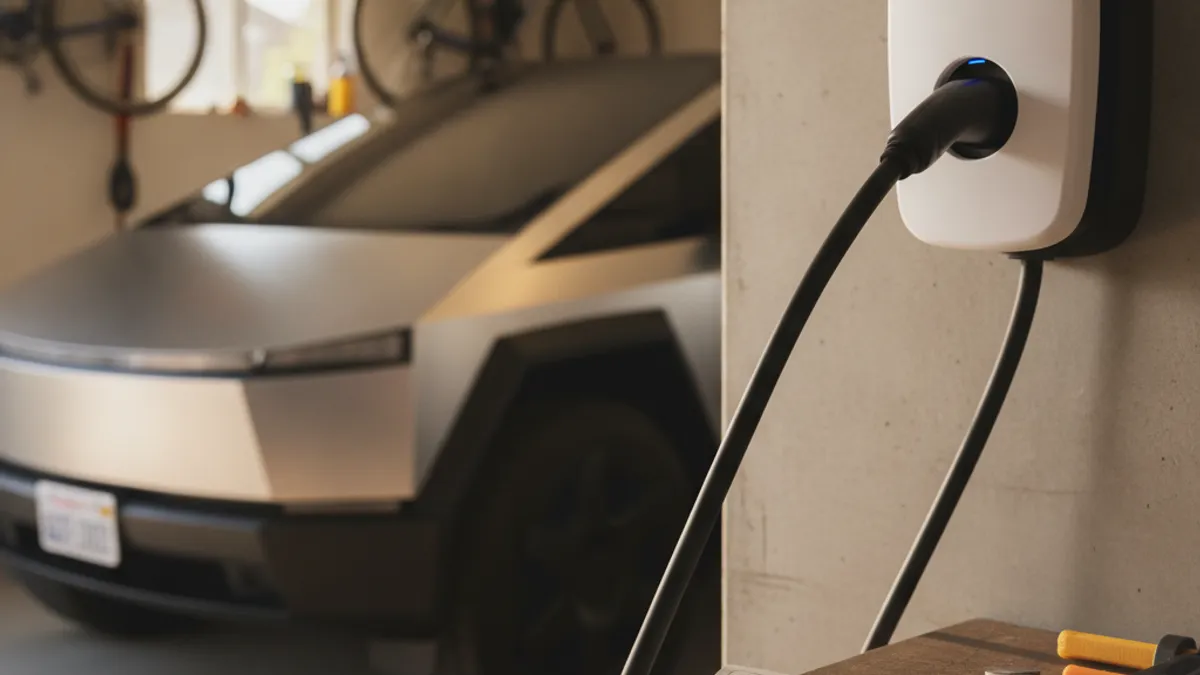 A parked electric car beside a paved roadside with a charging cable on the ground