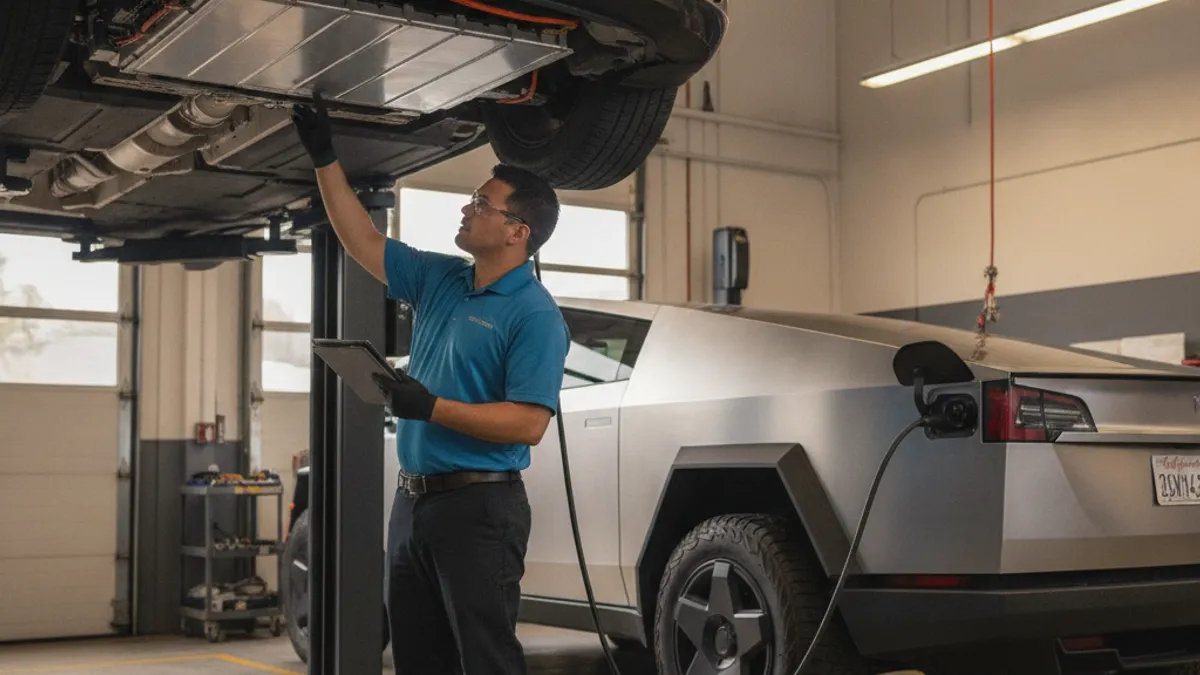 A technician kneels beside a white electric car with the charge port open on a paved shoulder.