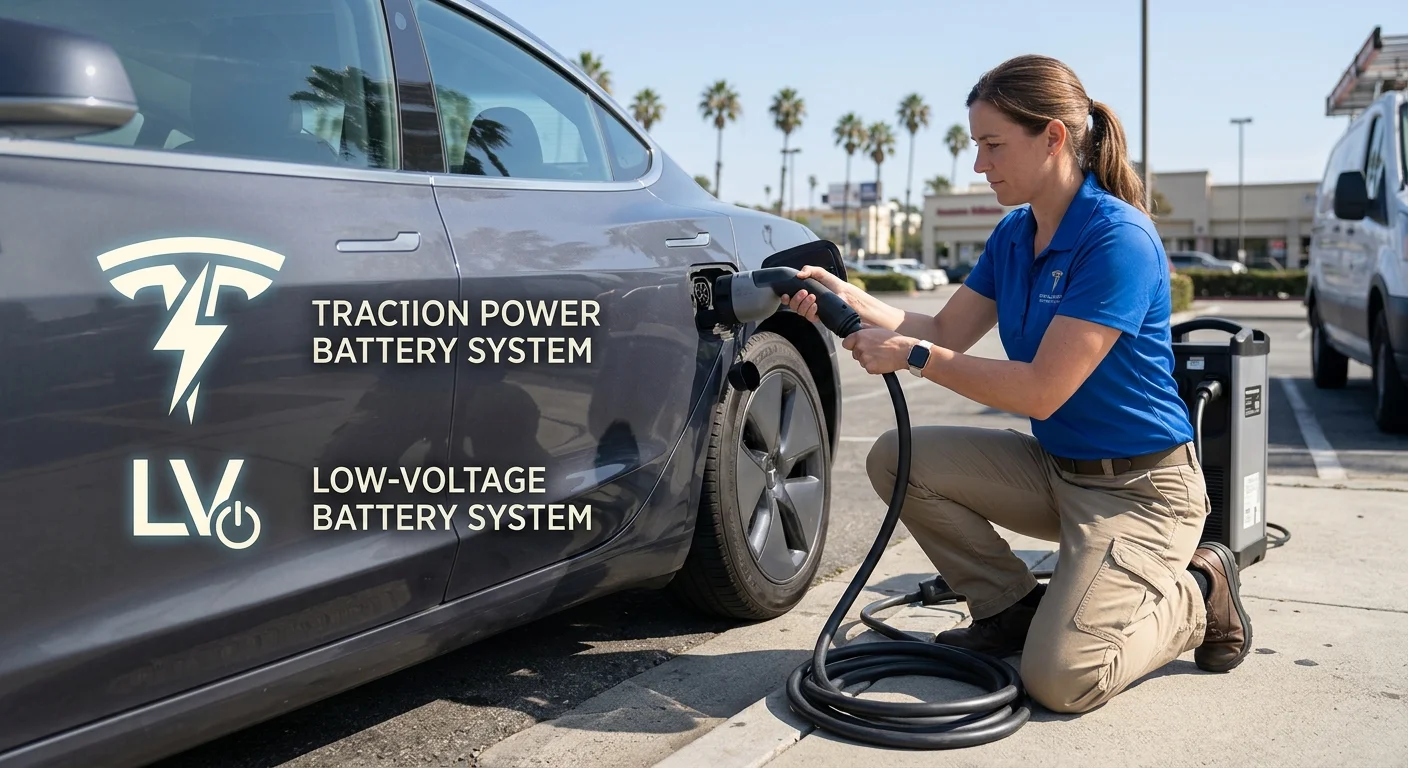 A cutaway diagram showing the Tesla Model 3 12V battery location under the frunk and the high-voltage pack under the floor.