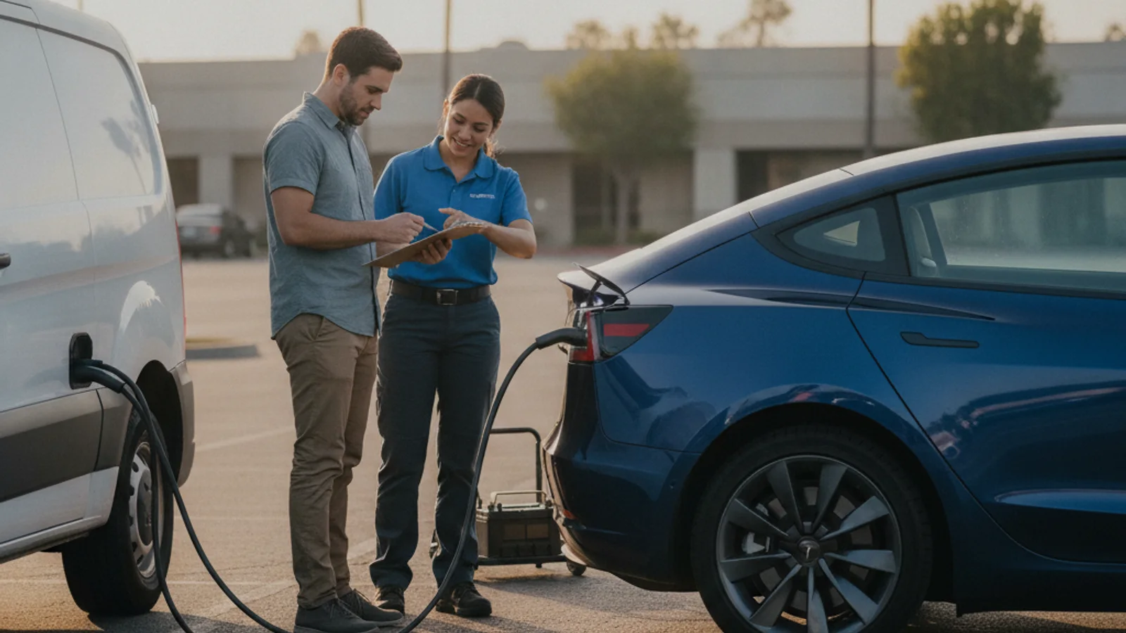 A Tesla Model 3 on a service lift with the underbody panel removed, showing the high-voltage battery pack.