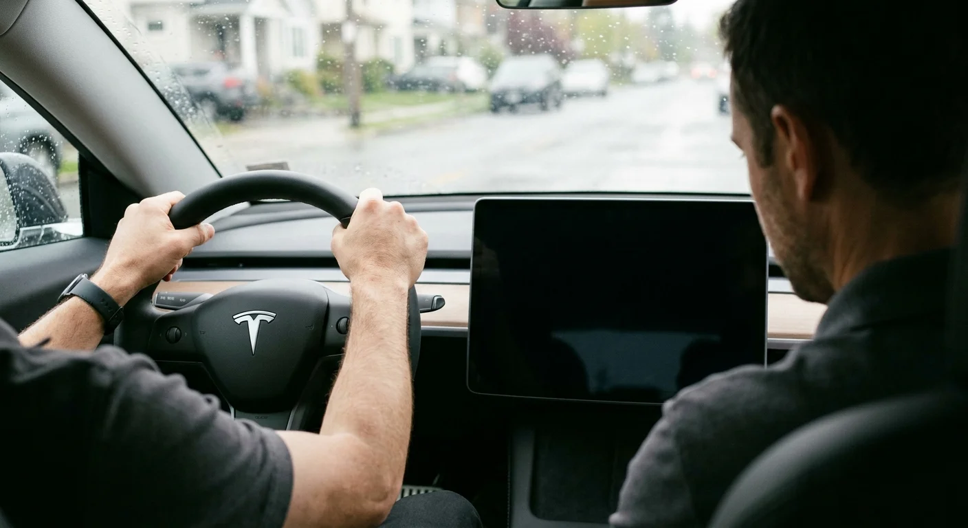A Tesla Model Y parked at an airport garage with a dark dashboard, illustrating a dead lithium 12V battery.