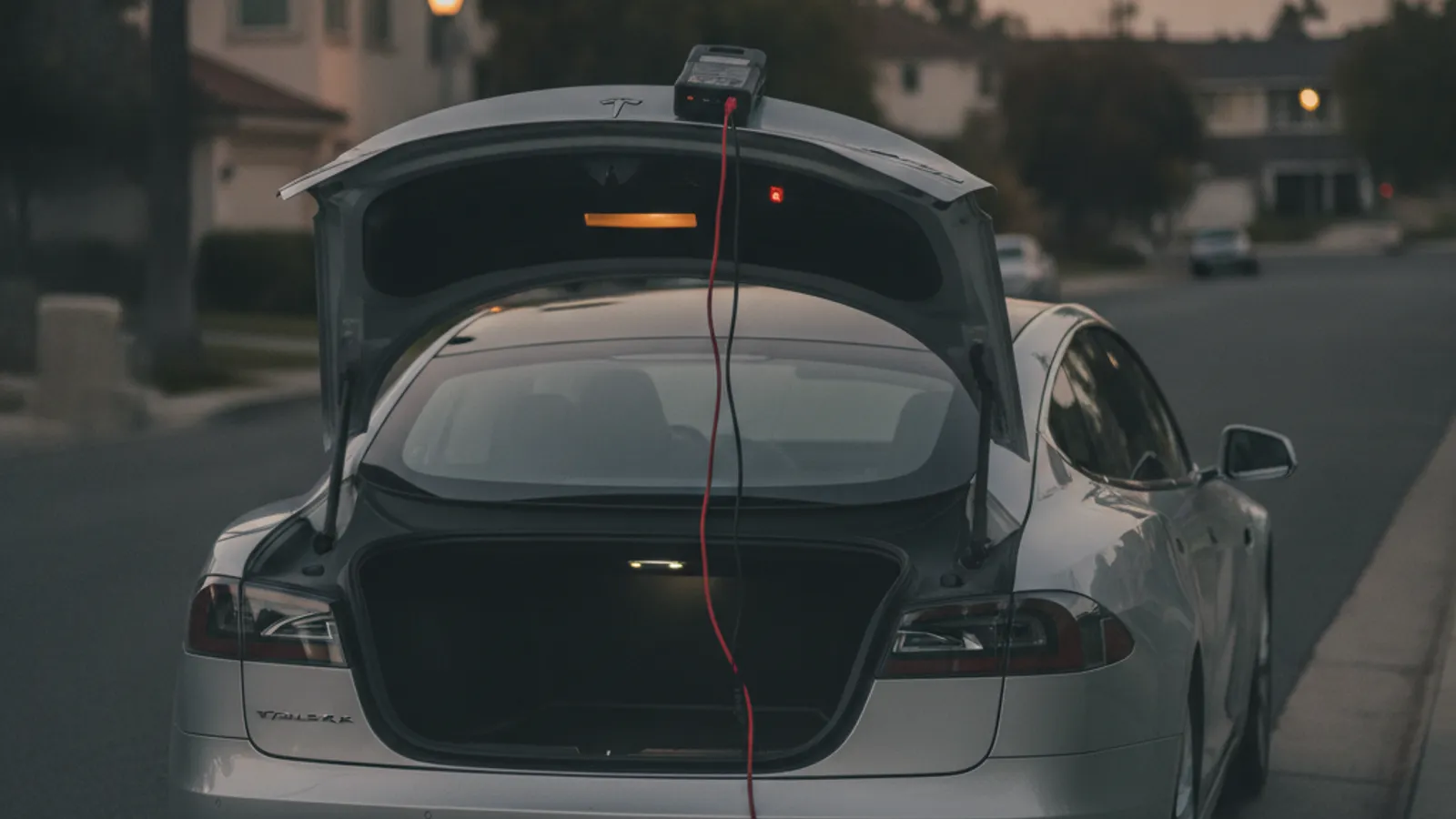A Tesla Model S parked in a tower garage with a dark dashboard, illustrating a dead 12V battery.