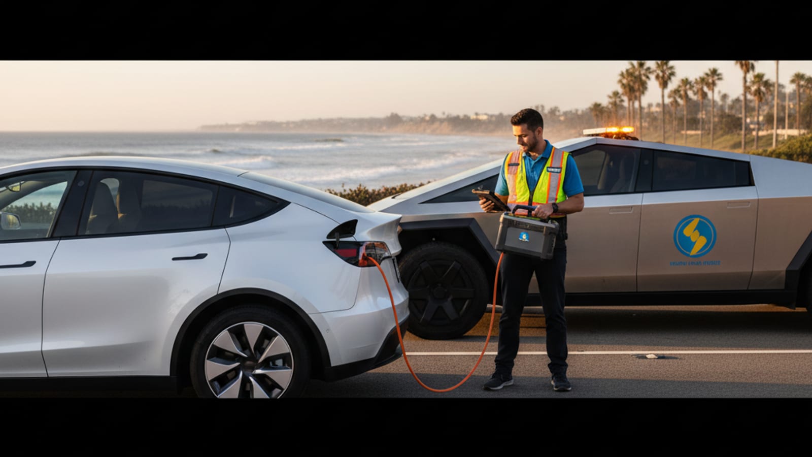 A Tesla Model 3 in a driveway with the Tesla app roadside assistance screen visible on a phone.
