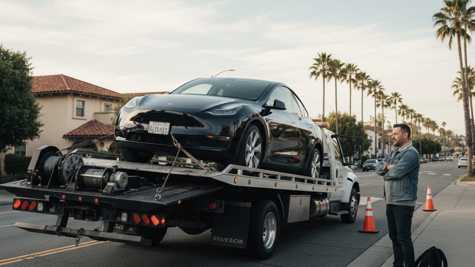 A Tesla Model Y parked at a charger with a roadside assistance confirmation screen on the dashboard.