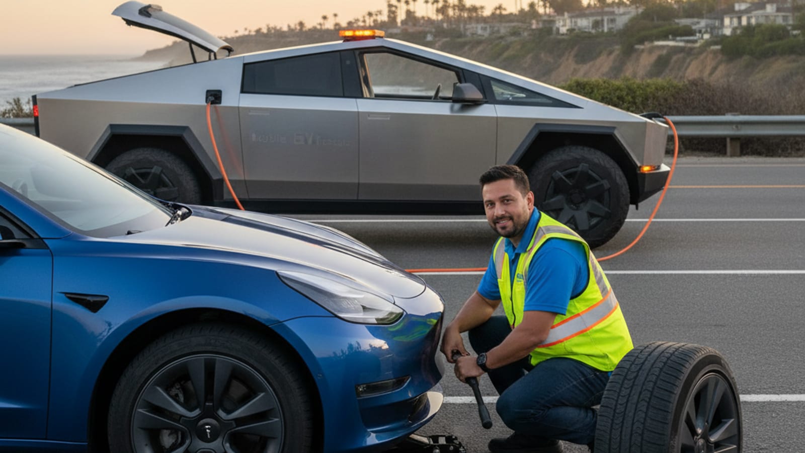 A Tesla Model 3 with a flat tire on the right shoulder of a Florida expressway.