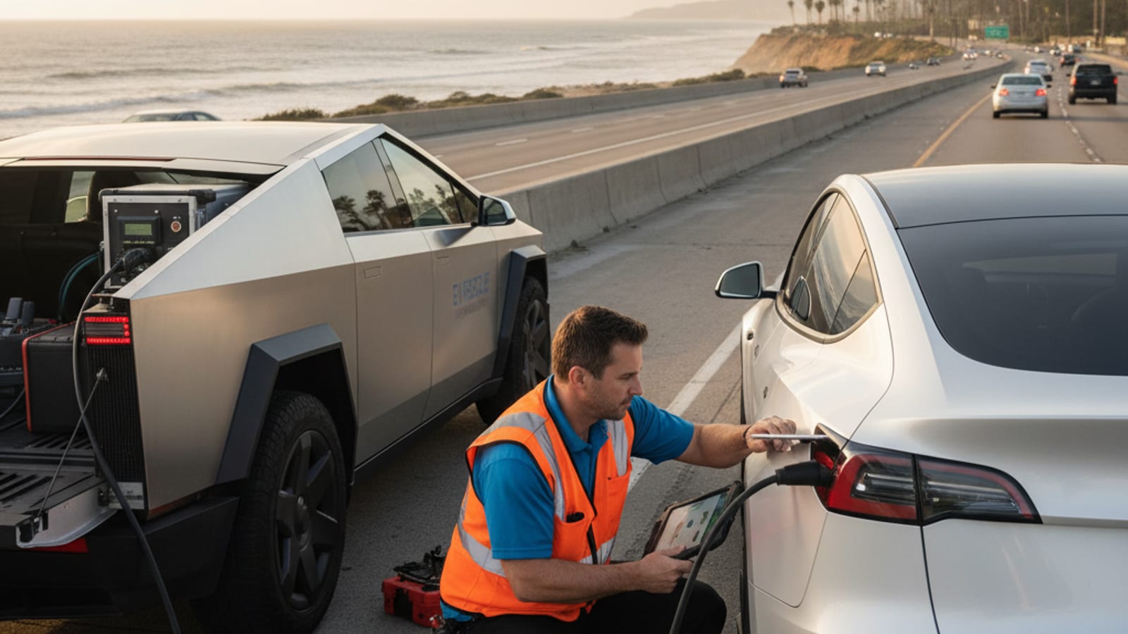 A driver uses a phone to call the Tesla roadside assistance number from a parking lot.