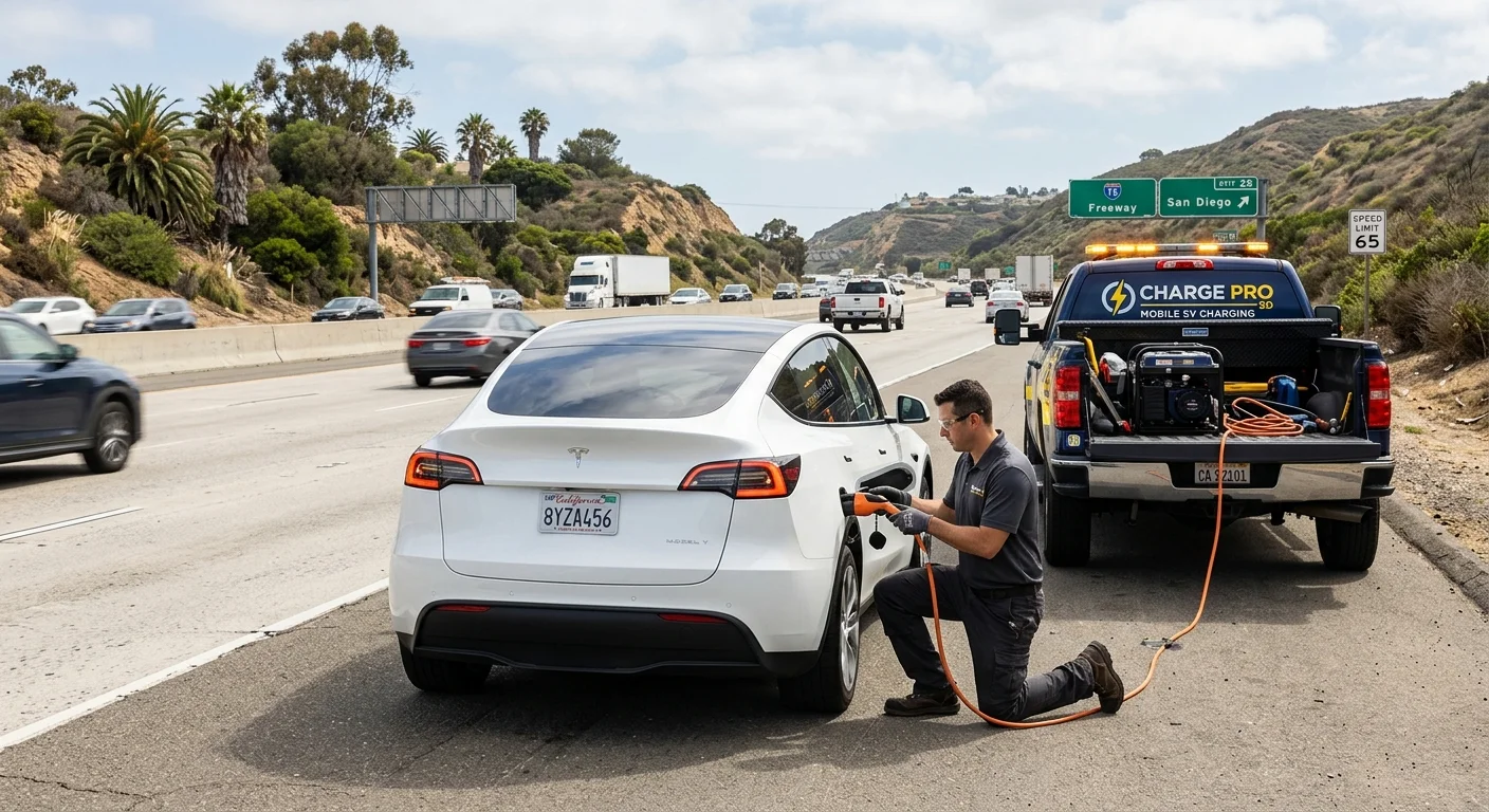 A white electric SUV parked on a paved shoulder beside a mobile charging van