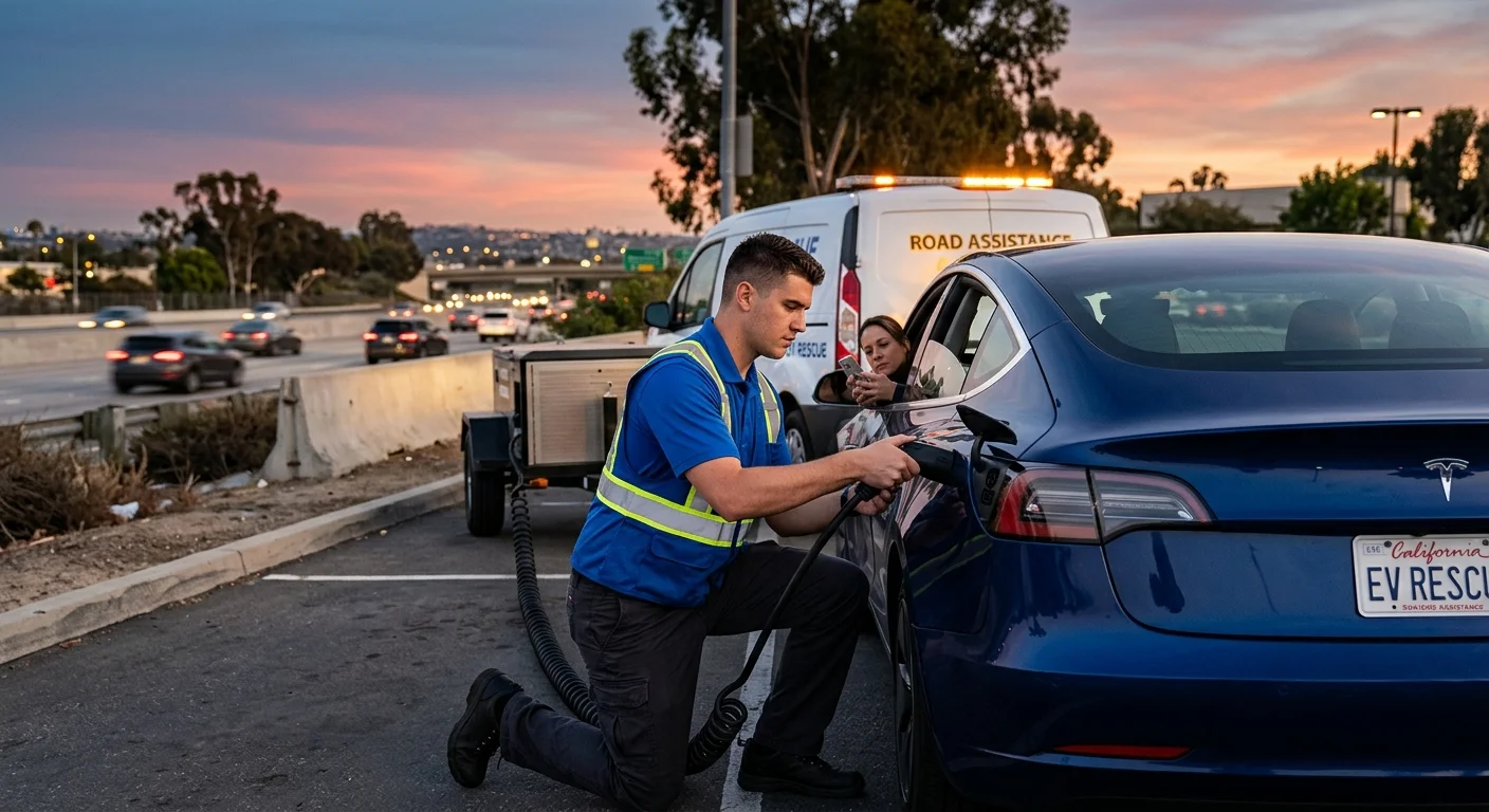 A Tesla parked beside a freeway exit at dusk with a driver standing near the car