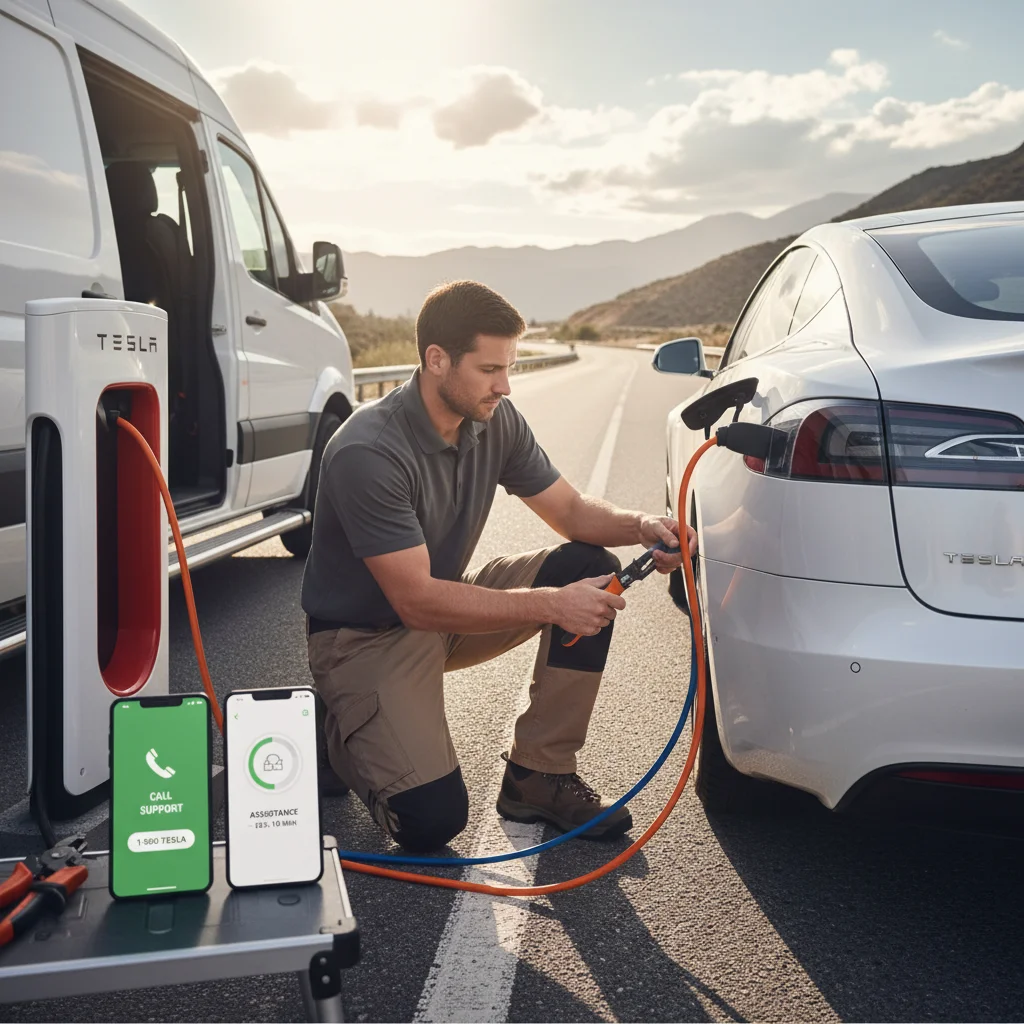 A driver holds a phone showing the Tesla app roadside assistance screen next to a Tesla Model Y.
