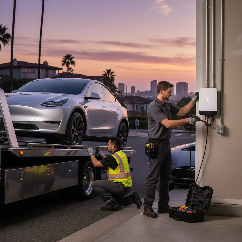 A tow truck with a contracted service logo pulls up behind a Tesla in a parking garage.