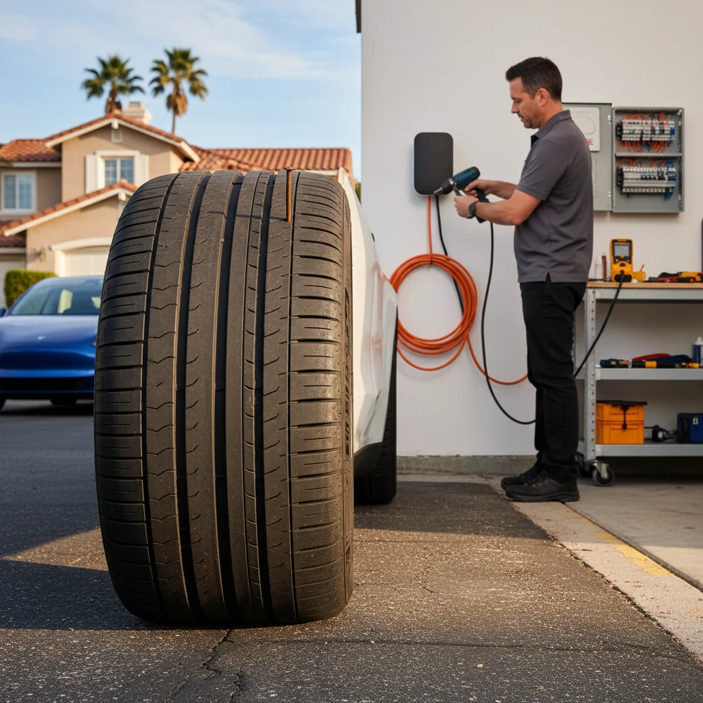 A close-up of a Tesla tire on a South Florida road, showing the tread pattern and sidewall.