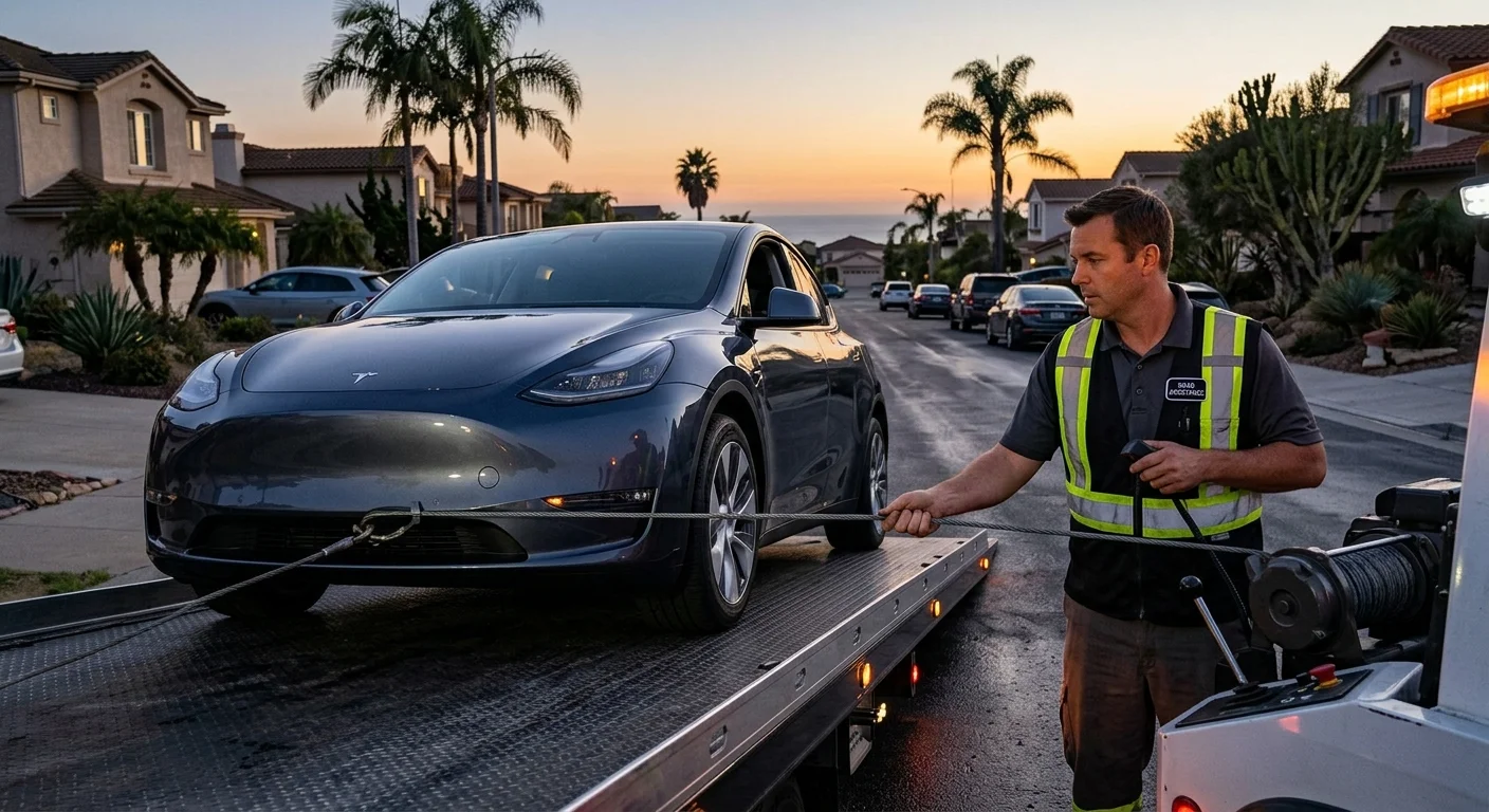 A Tesla being winched onto a flatbed at dusk with wheels pointed straight while a technician guides the cable