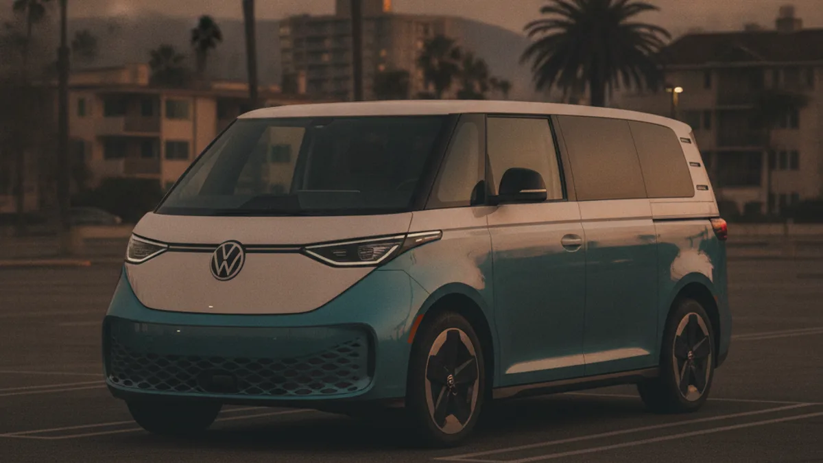 A VW ID.Buzz parked at PortMiami with a dark dashboard, illustrating a dead 12V battery.