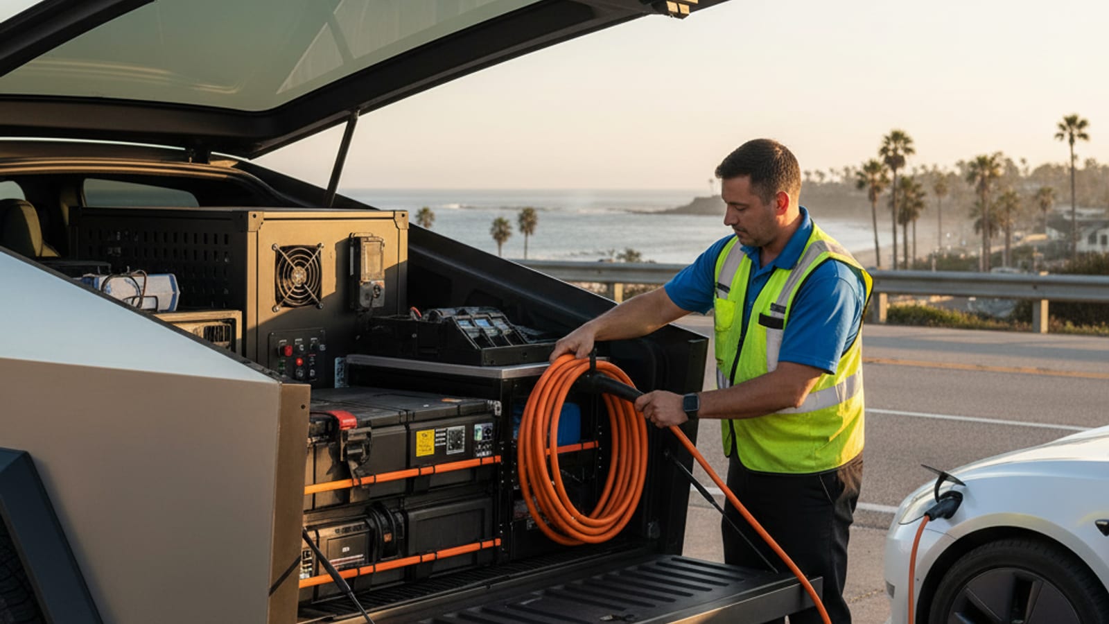 Operator connecting a charging cable to an electric car on a paved shoulder