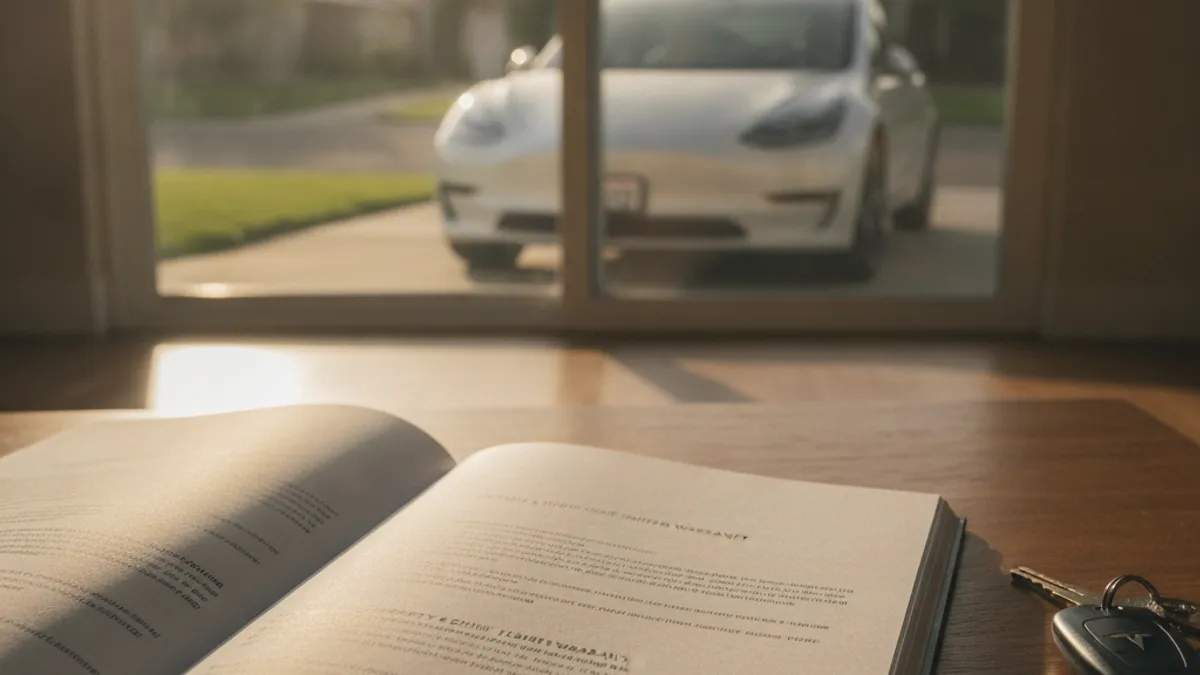 A Tesla Model 3 on a service lift with the underbody panel removed showing the high-voltage battery pack.