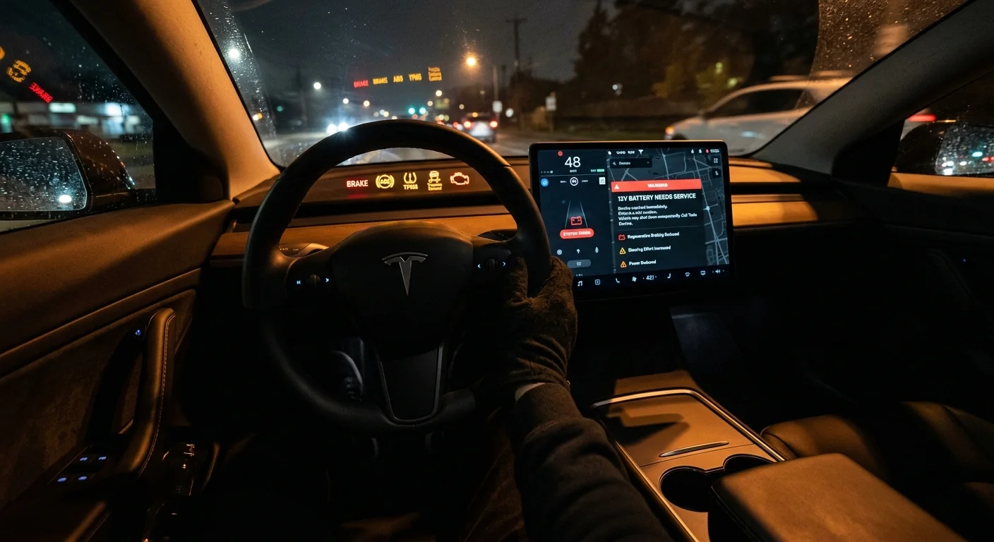 A Tesla Model 3 in a South Florida garage with a dark dashboard and no door handles presenting.