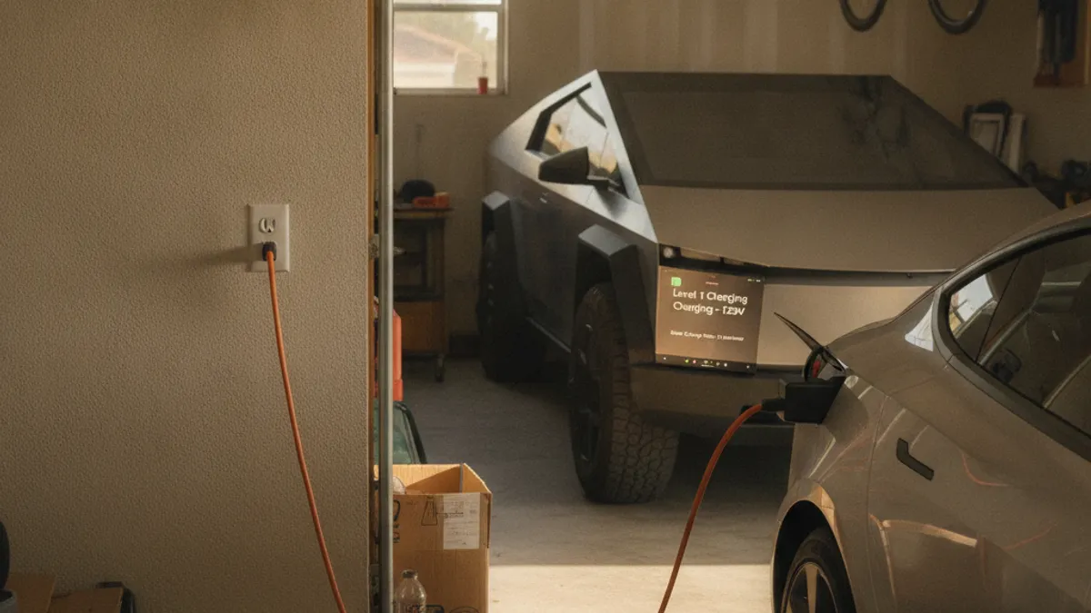 A Level 1 EVSE plugged into a standard household outlet in a Brickell condo garage.