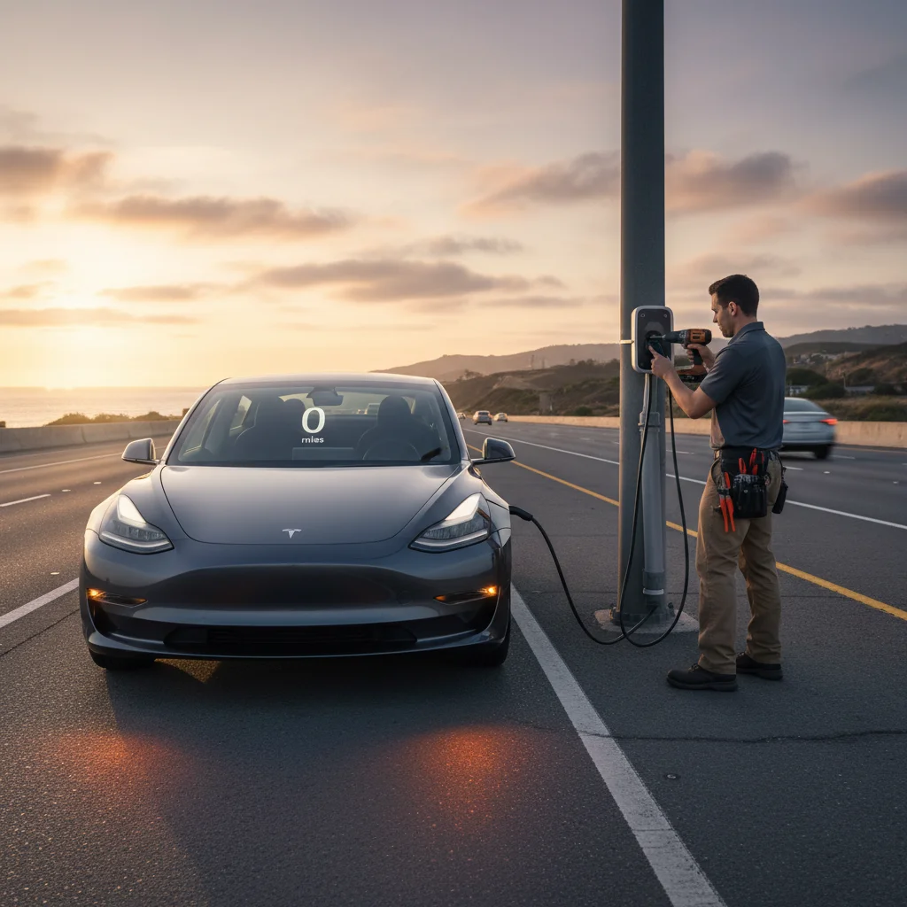 A Tesla Model 3 stopped on the right shoulder of a South Florida road with hazards on.