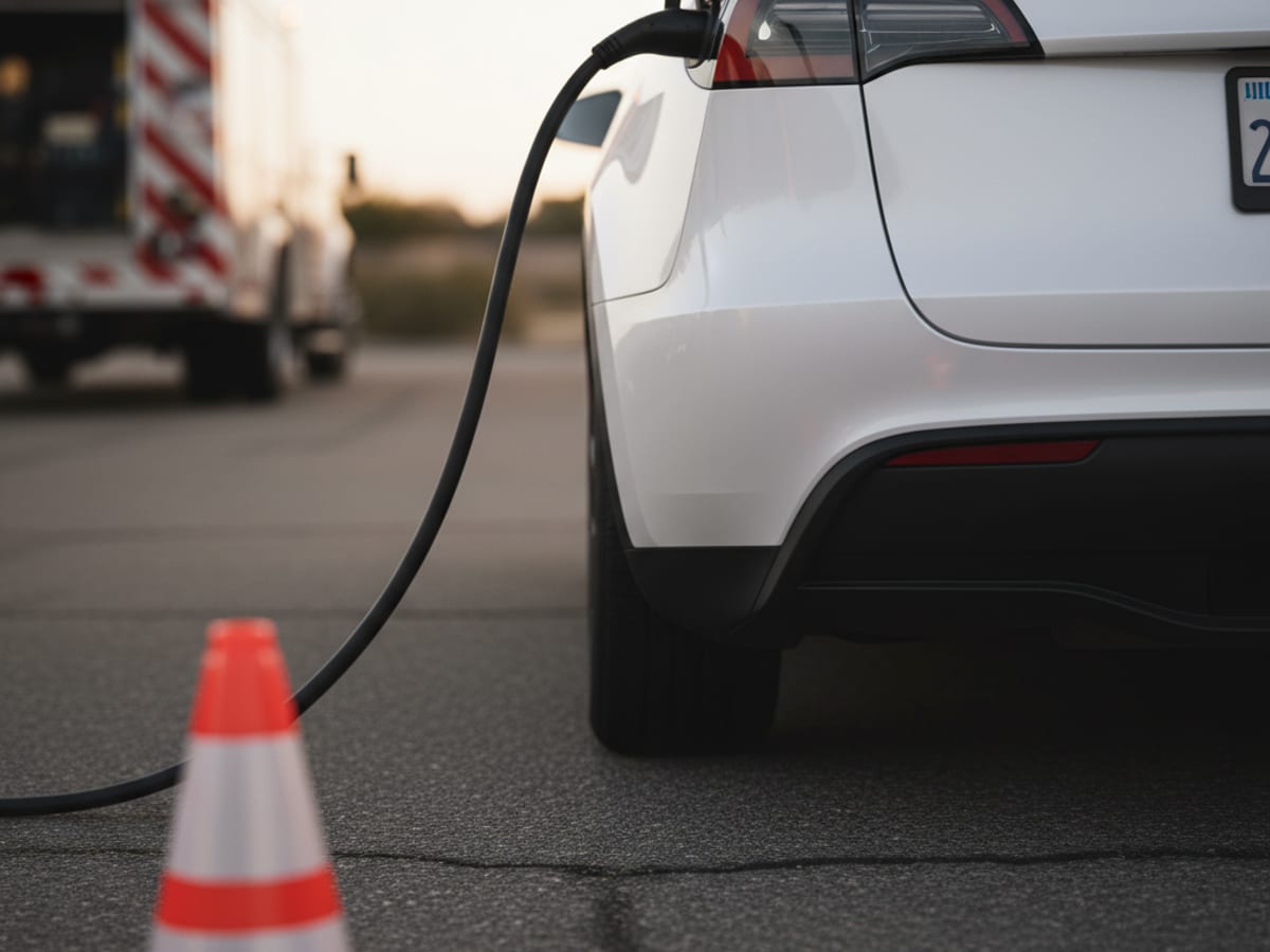 Charging cable from a rescue vehicle plugged into an EV port next to a safety cone