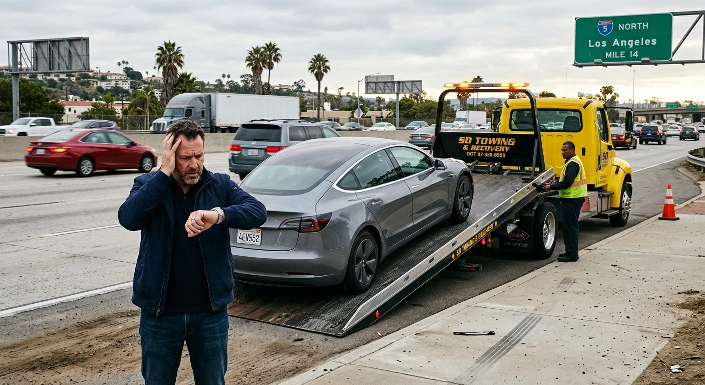 A flatbed wrecker lining up behind a stopped electric car on a busy roadside shoulder