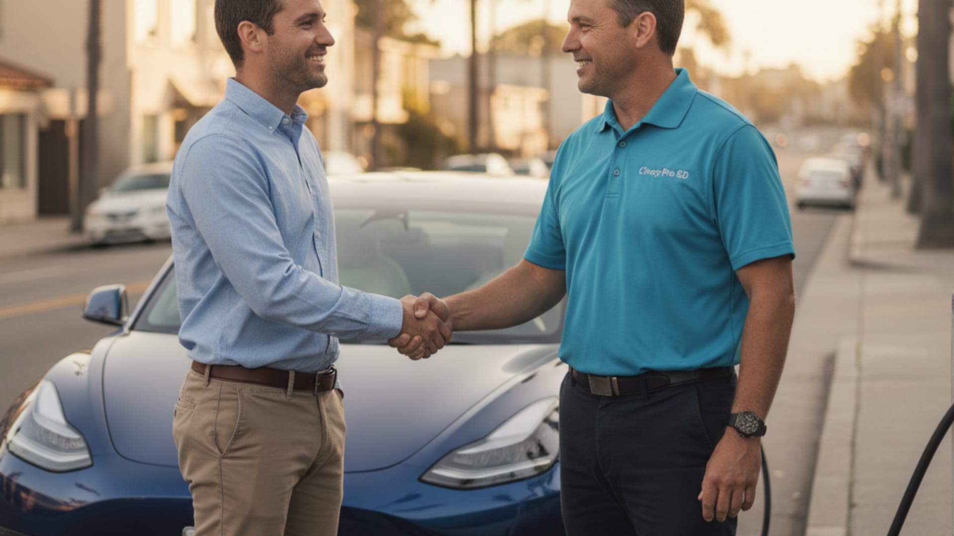 An EV driver speaking with a roadside professional beside a Tesla Model 3 in South Florida