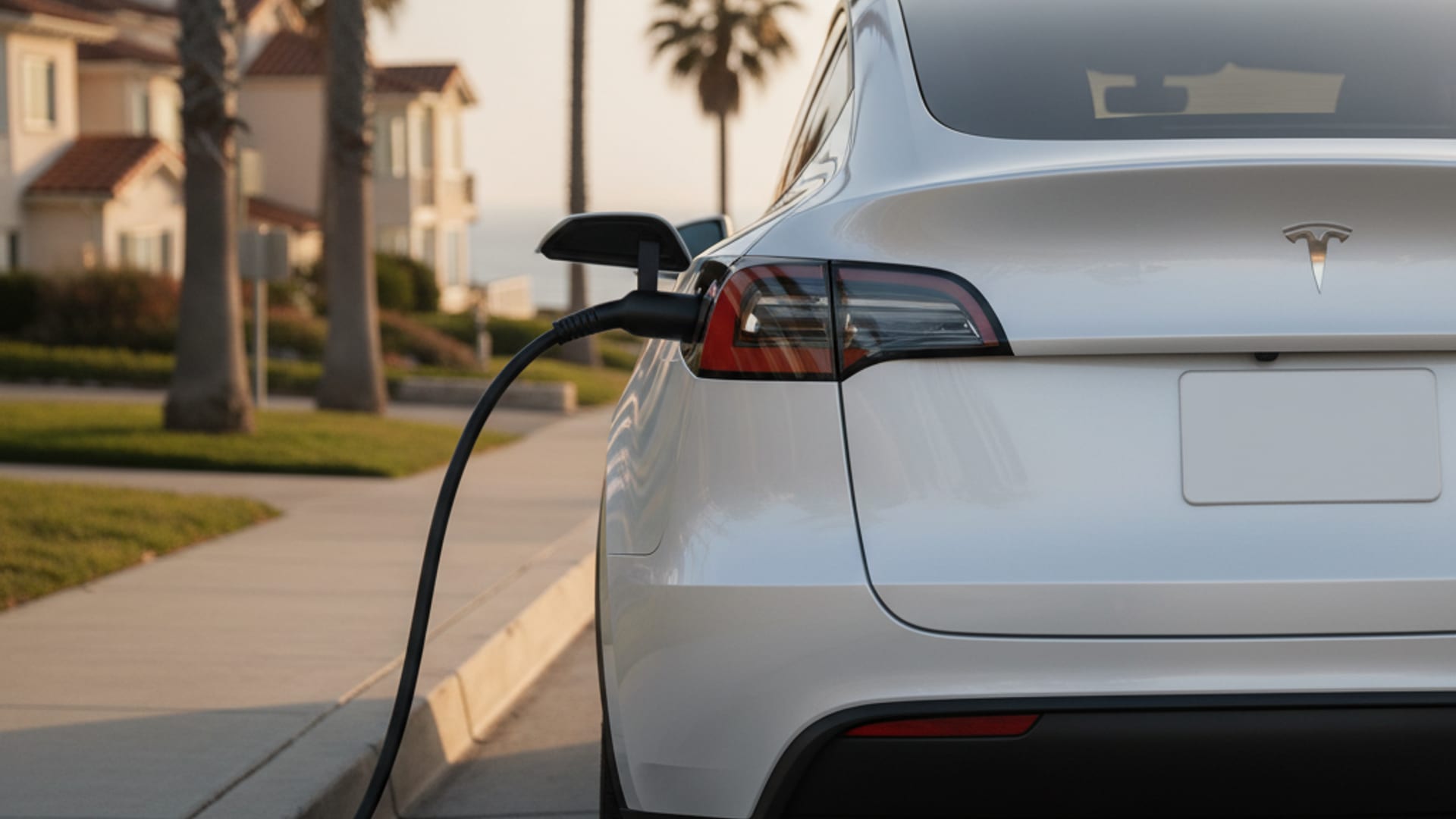 Mobile charging cable connected to a Tesla Model Y on a South Florida street