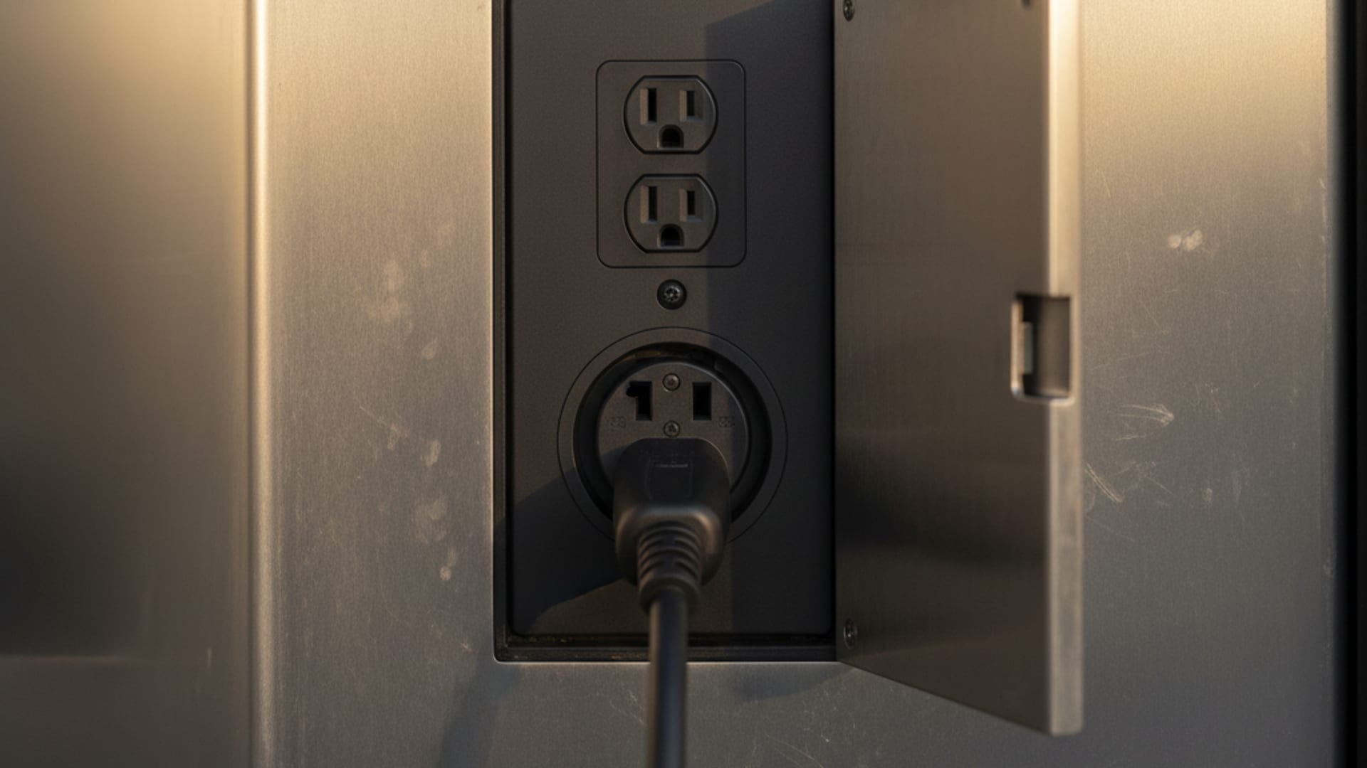 Close-up of a mobile EV rescue outlet panel with a charging cable seated