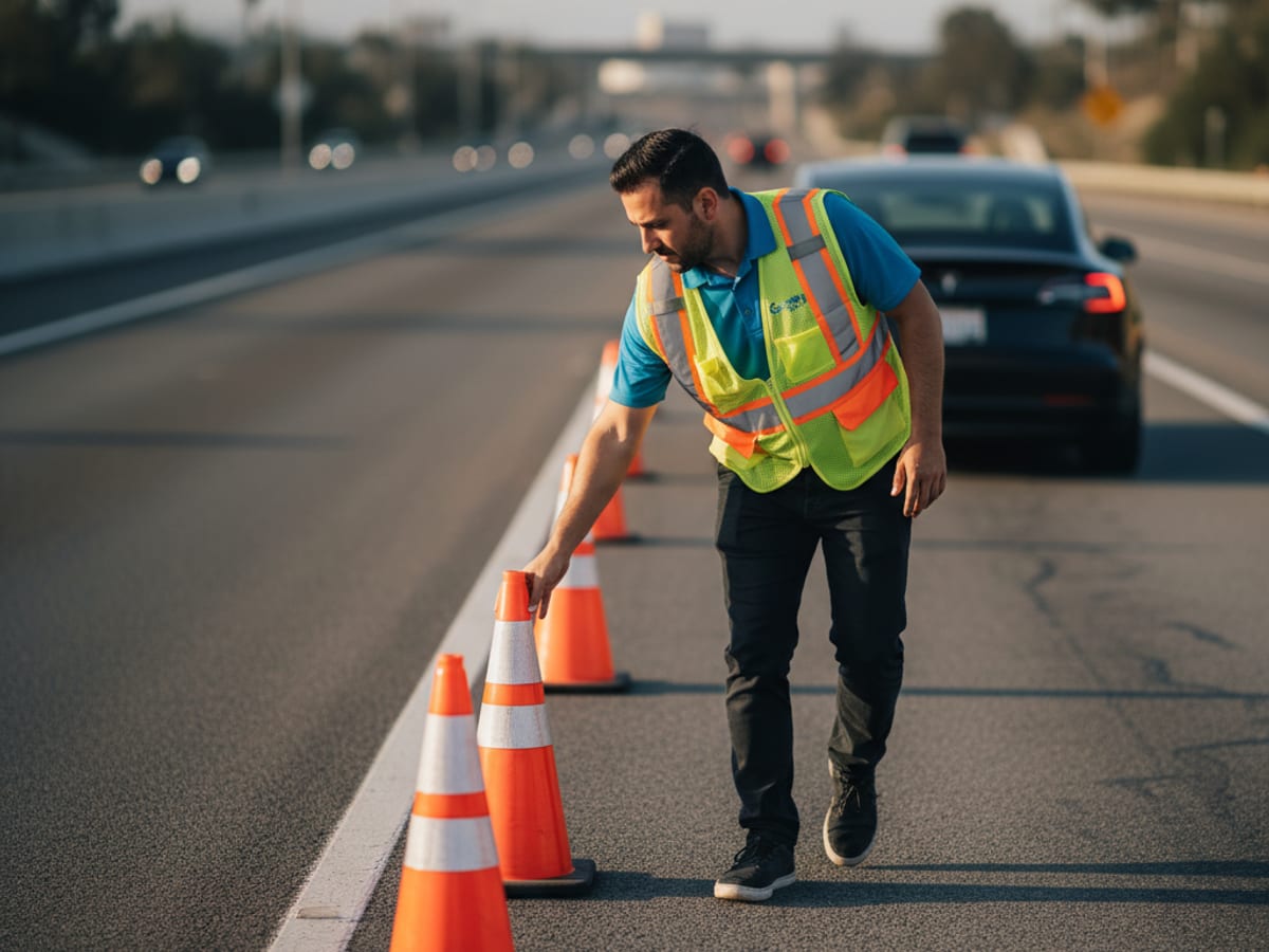 Roadside safety cones placed near an electric vehicle in South Florida