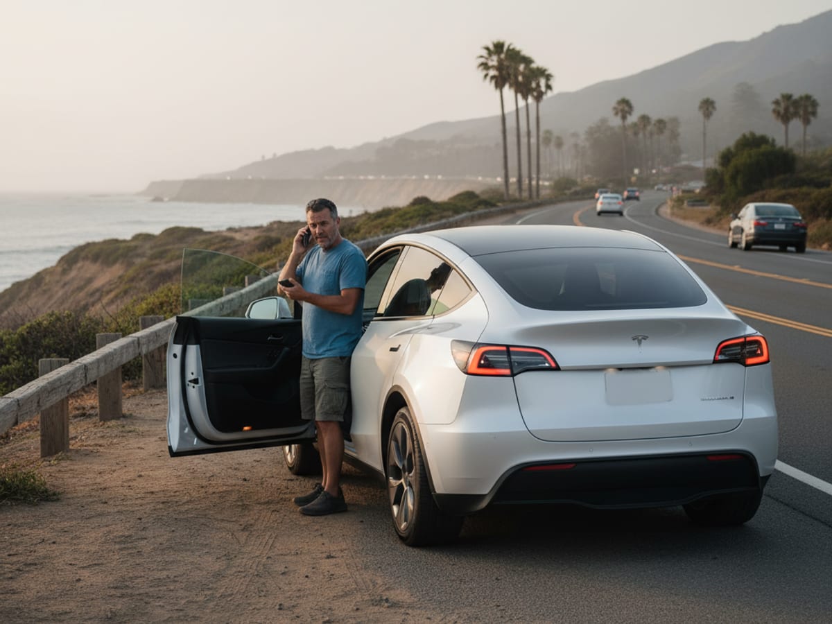 Mobile charging cable connected to a Tesla at a safe roadside location in South Florida